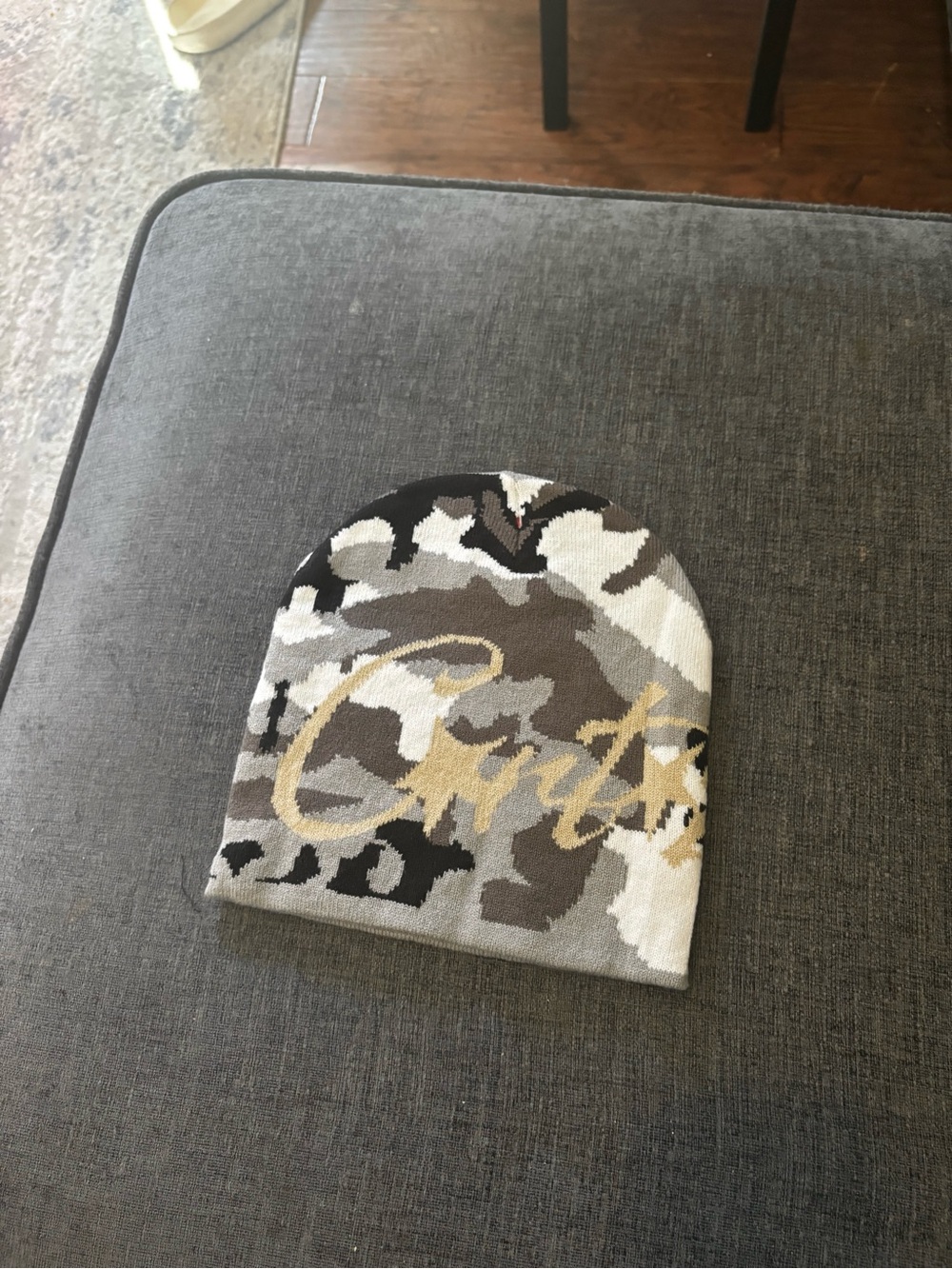 Gray Designer Camo Beanie with Gold Script